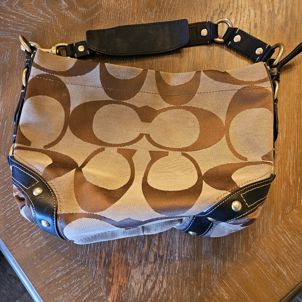 Authenic Designer Coach Tan and Black Med Size Handbag